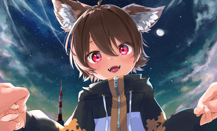 1boy animal_ears brown_hair dog_boy dog_ears ezumomo fangs highres indie_virtual_youtuber inumi_ruku jacket long_sleeves looking_at_viewer looking_down male_focus moon night night_sky official_art open_mouth pink_eyes short_hair sky star_(sky) starry_sky virtual_youtuber