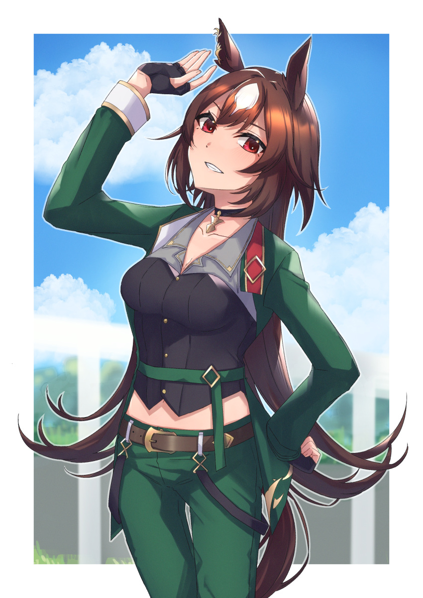 1girl absurdres animal_ears breasts brown_hair choker cowboy_shot fingerless_gloves gloves green_jacket green_pants highres horse_ears horse_girl horse_tail jacket long_hair long_sleeves looking_at_viewer medium_breasts midriff multicolored_hair navel pants red_eyes sirius_symboli_(umamusume) smile solo tail umamusume very_long_hair white_hair yu_sakae