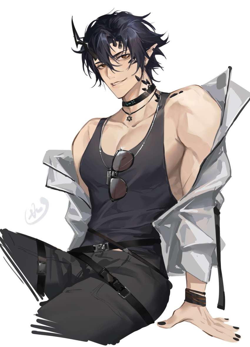 1boy 70281510 absurdres arknights bishounen black_hair black_nails black_shirt commentary_request cowboy_shot eyewear_removed flamebringer_(arknights) highres horns infection_monitor_(arknights) looking_at_viewer male_focus orange_eyes oripathy_lesion_(arknights) pointy_ears shirt short_hair simple_background sitting smile solo sunglasses tank_top toned toned_male white_background