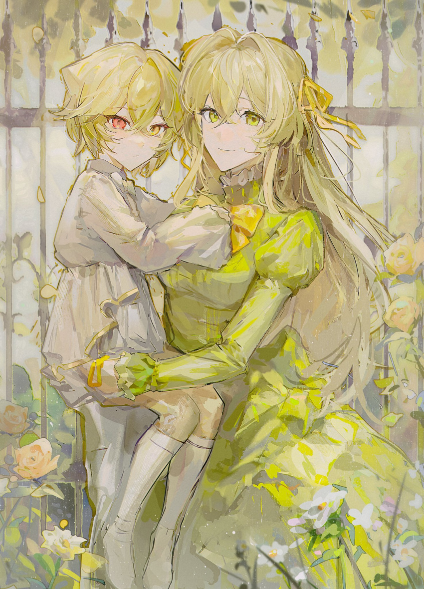 1boy 1girl :/ ada_vessalius bangs blonde_hair bow bowtie carrying child_carry crossed_bangs dress feet_out_of_frame fence flower green_dress green_eyes hair_between_eyes hair_intakes hair_ribbon heterochromia highres juliet_sleeves long_hair long_sleeves longxixi4 looking_at_viewer male_child orange_flower orange_rose pandora_hearts puffy_sleeves red_eyes ribbon rose shirt short_hair smile socks tears vincent_nightray white_flower white_footwear white_legwear white_shirt yellow_bow yellow_bowtie yellow_eyes yellow_ribbon younger