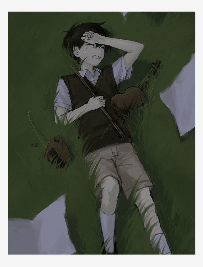 1boy arm_on_head bangs black_hair black_sweater_vest border broken_instrument brown_shorts clenched_teeth closed_eyes collared_shirt crying feet_out_of_frame grass hai_(haihki) highres holding_bow_(music) instrument knee_up kneehighs lying male_focus omori on_back paper parted_lips sad sheet_music shirt short_hair short_sleeves shorts solo sunny_(omori) sweater_vest teeth violin white_border white_legwear white_shirt wing_collar