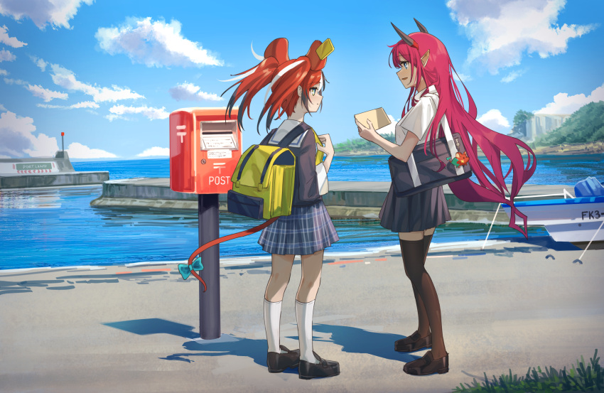 2girls animal_ears backpack bag dock full_body hakos_baelz highres hololive hololive_english horns irys_(hololive) jl_tan kneehighs long_hair looking_at_another miniskirt mouse_ears mouse_girl mouse_tail mr._squeaks_(hakos_baelz) multiple_girls outdoors pointy_ears redhead skirt standing tail thigh-highs twintails virtual_youtuber water zettai_ryouiki