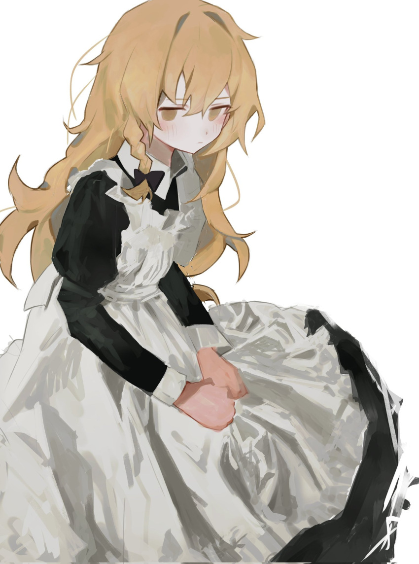 1girl apron bangs black_bow black_shirt black_skirt blonde_hair blush bow braid clenched_hands collared_shirt feet_out_of_frame frilled_apron frills hair_between_eyes hair_bow hands_on_legs haru_(ririne9999rine) highres kirisame_marisa long_hair long_sleeves looking_at_viewer messy_hair no_hat no_headwear own_hands_together shirt single_braid skirt solo touhou white_apron white_background yellow_eyes