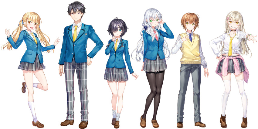2boys 4girls :d absurdres bangs black_choker black_hair black_legwear blazer blonde_hair blue_eyes blue_jacket blue_necktie breasts brown_eyes brown_footwear brown_hair cardigan cardigan_around_waist choker closed_mouth clothes_around_waist collarbone collared_shirt commentary_request copyright_request fujima_takuya grey_hair grey_pants grey_skirt grin hair_between_eyes hair_over_one_eye hand_on_hip highres jacket loafers long_hair long_sleeves multiple_boys multiple_girls neckerchief necktie official_art outstretched_arm pants pantyhose parted_lips pink_cardigan plaid plaid_pants plaid_skirt pleated_skirt red_necktie school_uniform shirt shoes skirt small_breasts smile socks standing standing_on_one_leg sweater_vest tied_shirt twintails very_long_hair violet_eyes white_legwear white_shirt yellow_neckerchief