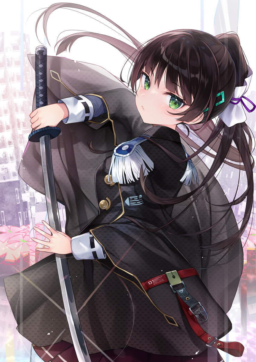 1girl absurdres bangs black_hair black_jacket blue_shirt blunt_bangs blush character_request closed_mouth commentary_request epaulettes from_side green_eyes hair_ornament hairclip head_tilt heaven_burns_red highres holding holding_sword holding_weapon jacket katana long_hair long_sleeves looking_at_viewer looking_to_the_side pleated_skirt ponytail red_skirt ribbon-trimmed_sleeves ribbon_trim shirt skirt solo sword very_long_hair weapon yayoichi_(yoruyoru108)