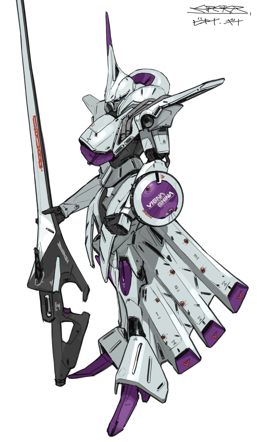 absurdres blue_eyes character_name clenched_hand from_side gun gundam gundam_f91 highres holding holding_gun holding_weapon mecha mobile_suit peter_(peter6409) redesign robot shield solo standing vigna_ghina weapon