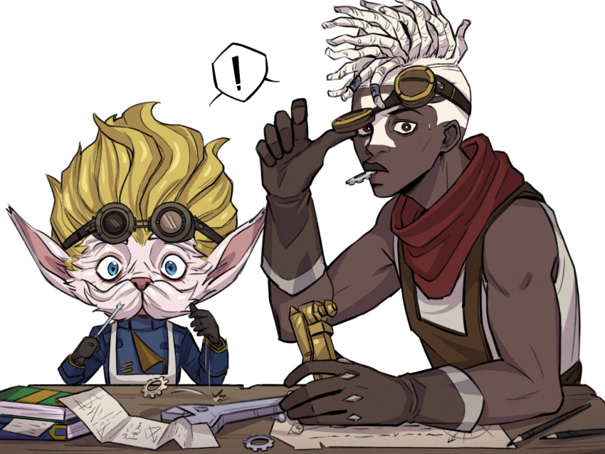 ! 2boys alternate_costume arcane:_league_of_legends bangs blonde_hair book brown_gloves d_(xxl30433461) dark-skinned_male dark_skin dreadlocks ekko_(league_of_legends) facial_hair facial_mark falling firelight_ekko gloves goggles goggles_on_head grey_background heimerdinger highres holding league_of_legends looking_at_viewer mouth_hold multiple_boys mustache paper pen red_scarf scarf shiny shiny_hair simple_background speech_bubble white_hair wrench yordle