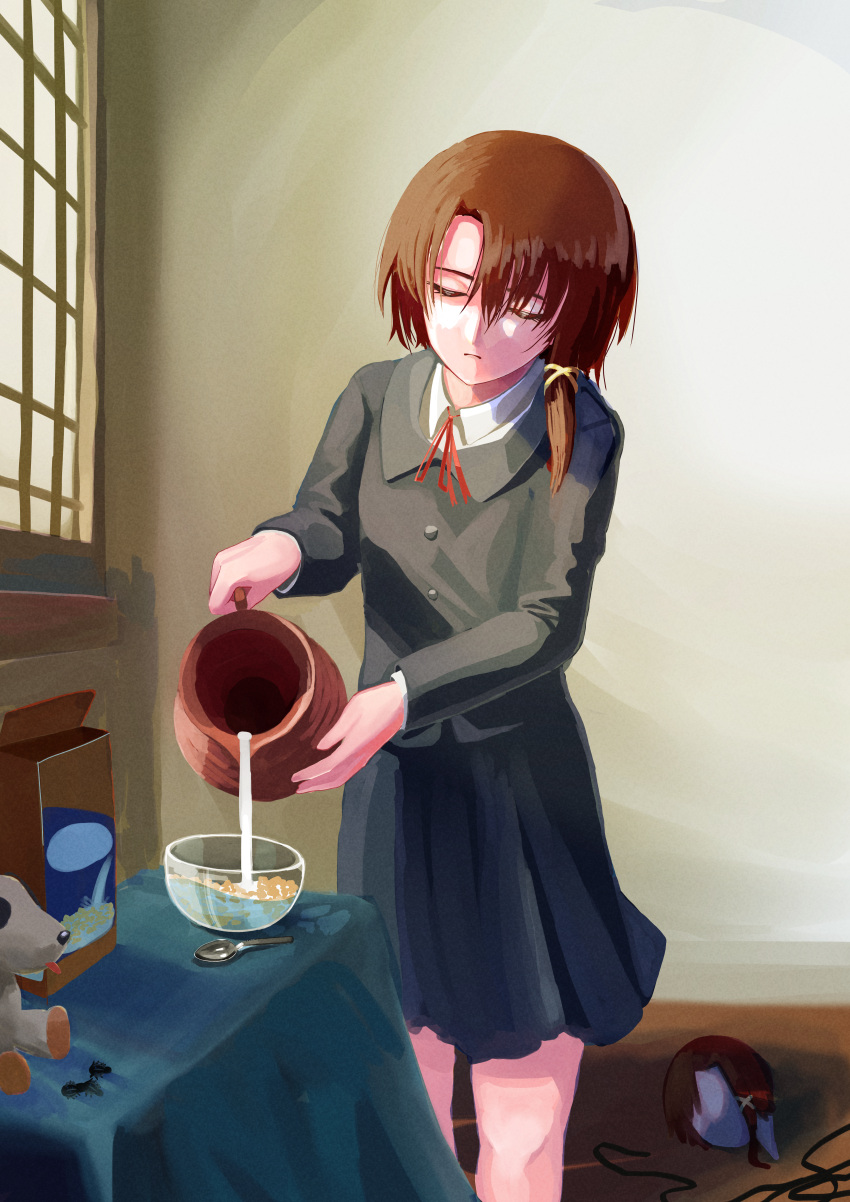 1girl absurdres brown_hair cereal closed_mouth collared_shirt doll doll_head expressionless grey_shirt hair_tie highres indoors iwakura_lain jar knees layered_clothes long_sleeves milk pleated_skirt pouring school_uniform serial_experiments_lain shirt short_hair single_sidelock skirt solo spoon table tablecloth the_milkmaid urizaku3 white_shirt wire