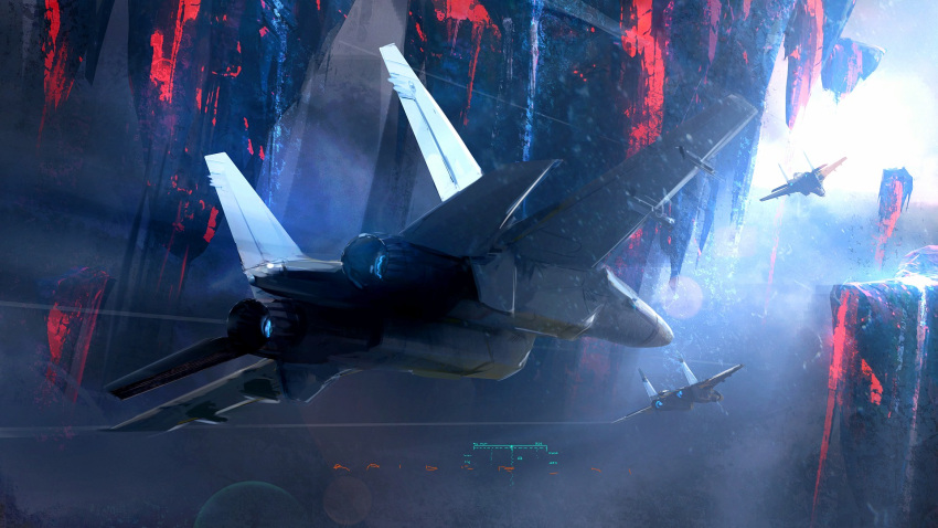 ahi_and_ohi aircraft airplane fighter_jet floating_island from_side highres jet lens_flare military military_vehicle no_humans original scenery sky thrusters vehicle_focus