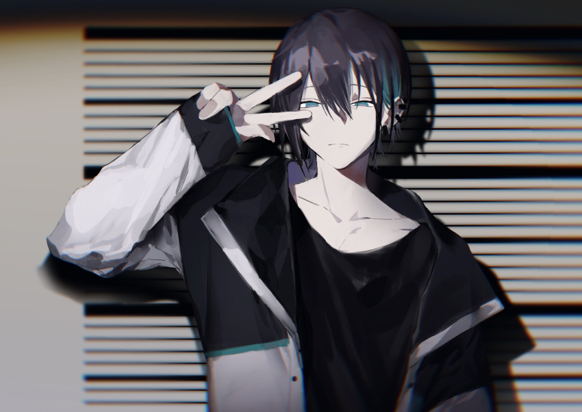 1boy bangs black_hair black_shirt blurry closed_mouth collarbone depth_of_field ear_piercing frown green_eyes hair_between_eyes half-closed_eye hand_up highres jacket long_sleeves looking_at_viewer male_focus mayuzumi_kai multicolored_hair nijisanji open_clothes open_jacket piercing shirt short_hair sleeves_past_wrists solo spleen211 streaked_hair upper_body v_over_eye virtual_youtuber