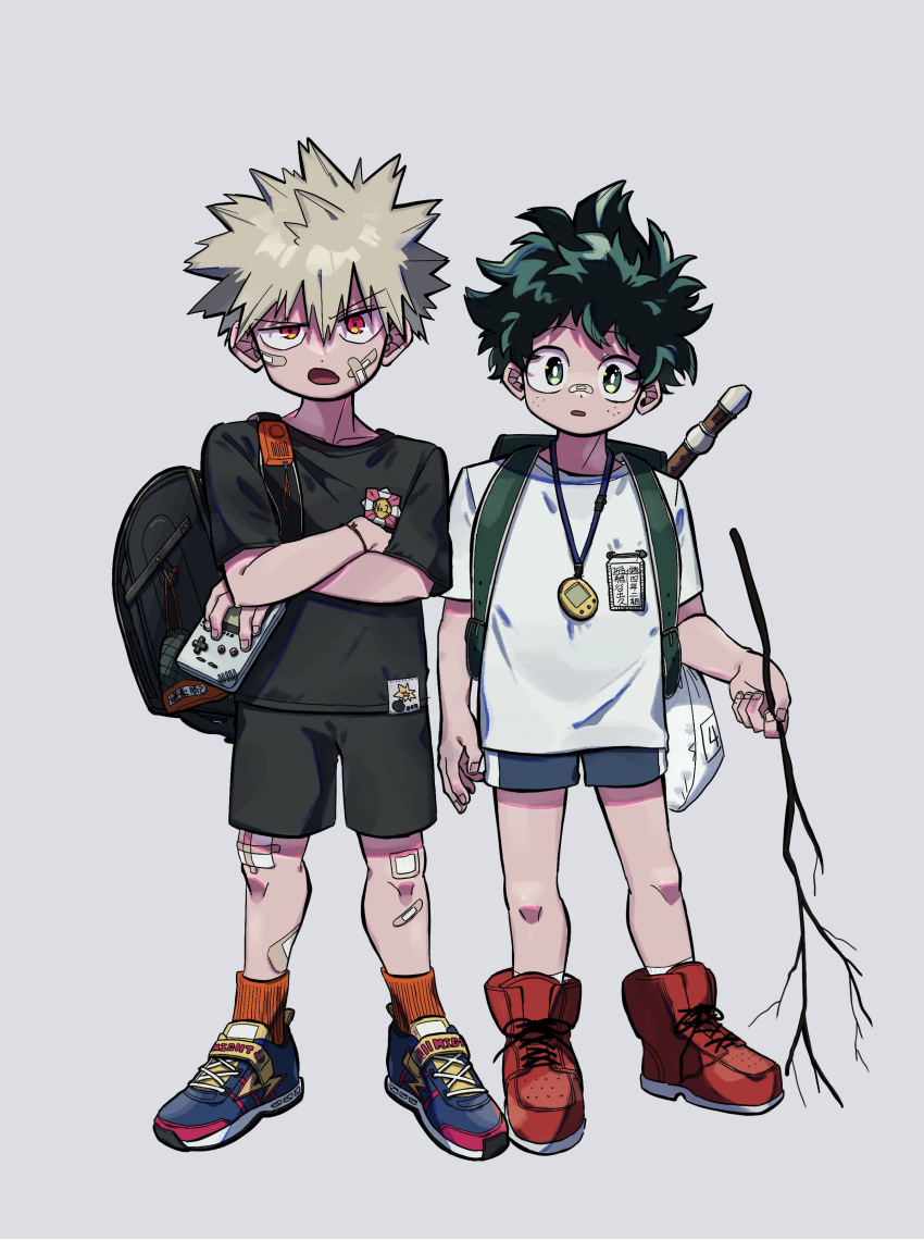 2boys absurdres backpack bag bakugou_katsuki bandaid bandaid_on_face bandaid_on_leg bandaid_on_nose black_bag black_shirt black_shorts blonde_hair blue_footwear blue_shorts boku_no_hero_academia branch child crossed_arms freckles full_body game_boy game_boy_(original) green_eyes green_hair grey_background handheld_game_console highres holding holding_branch holding_handheld_game_console looking_at_viewer male_child male_focus midoriya_izuku multiple_boys niwa2wa_tori open_mouth orange_legwear red_eyes red_footwear shirt shoes short_hair short_sleeves shorts simple_background sneakers socks spiky_hair standing tamagotchi white_shirt younger