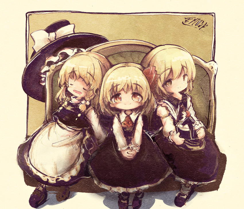 3girls apron ascot black_footwear black_skirt black_vest blonde_hair braid closed_mouth collared_shirt commentary_request frilled_apron frills full_body hat hat_removed headwear_removed juliet_sleeves kirisame_marisa kouba large_hat long_sleeves looking_at_viewer lunasa_prismriver mary_janes medium_hair multiple_girls open_mouth puffy_sleeves red_ascot rumia shirt shoes short_hair single_braid sitting skirt skirt_set sleeping touhou vest waist_apron white_apron white_legwear white_shirt witch_hat