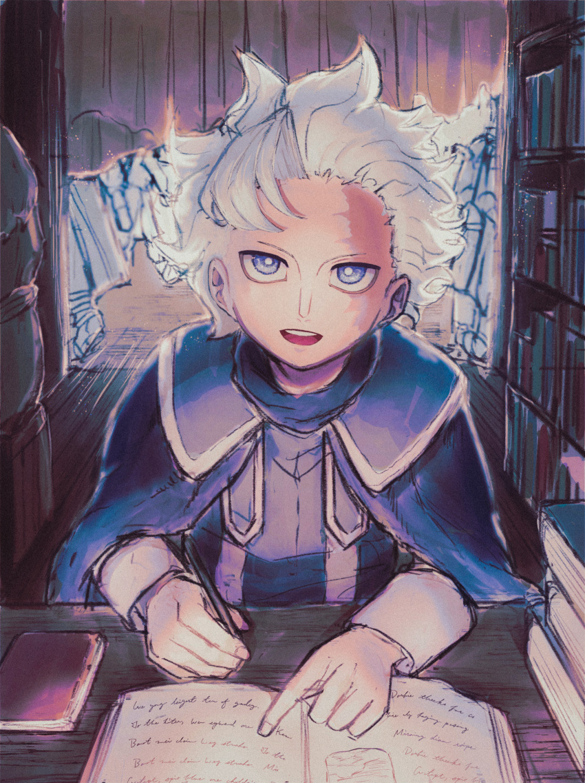 1boy annouu_ronpa belafu_(human) blue_cloak blue_eyes book book_stack bookshelf bright_pupils burn_scar cloak commentary_request film_grain highres holding long_sleeves looking_at_viewer made_in_abyss male_focus open_book open_mouth pointing scar scar_on_face sketch smile solo teeth upper_teeth white_hair white_pupils