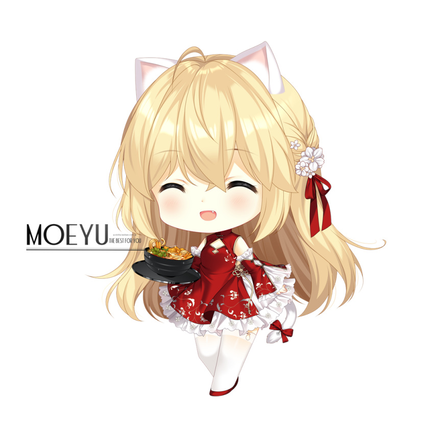 1girl :d ^_^ ahoge animal_ear_fluff animal_ears bangs bare_shoulders blonde_hair bow bowl breasts cat_ears cat_girl cat_tail chibi china_dress chinese_clothes cleavage_cutout closed_eyes clothing_cutout copyright_request detached_sleeves dress english_text facing_viewer fang flower food frilled_sleeves frills hair_between_eyes hair_flower hair_ornament hair_ribbon holding holding_tray loading_(verjuice) long_hair long_sleeves noodles red_bow red_dress red_footwear red_ribbon red_sleeves ribbon shoes simple_background sleeveless sleeveless_dress sleeves_past_wrists small_breasts smile solo standing tail tail_bow tail_ornament thigh-highs tray very_long_hair watermark web_address white_background white_flower white_legwear wide_sleeves