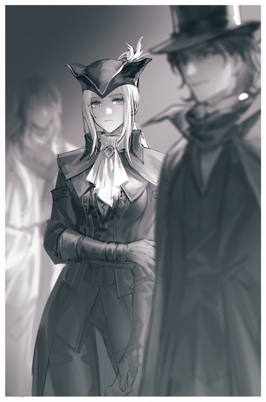 1boy 1girl 1other ascot bloodborne blurry blurry_background blurry_foreground brooch cape chongning closed_mouth coat collared_coat commentary_request gehrman_the_first_hunter gem gloves greyscale hat hat_feather highres holding_own_arm jewelry lady_maria_of_the_astral_clocktower long_hair looking_at_viewer monochrome ponytail simple_background smile top_hat tricorne younger
