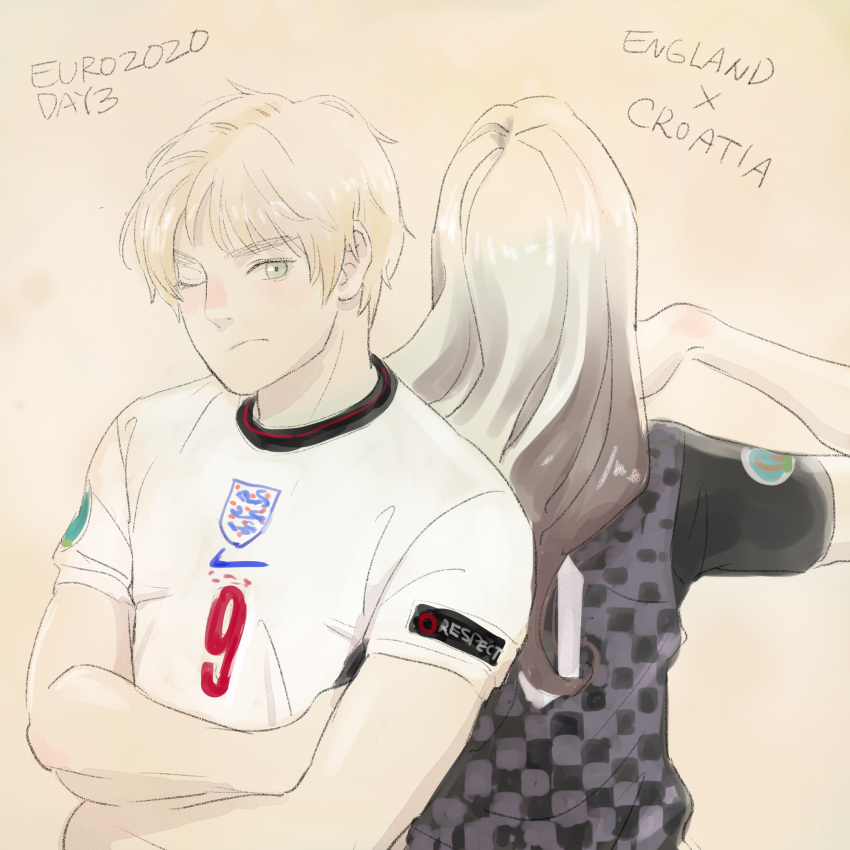 1boy 1girl ;/ axis_powers_hetalia blonde_hair brown_hair checkered_clothes checkered_skirt croatia_(hetalia) crossed_arms euro_2020 faceless faceless_female green_eyes highres long_hair nike one_eye_closed original shirt short_hair skirt soccer_uniform sportswear thick_eyebrows unfinished white_shirt yokkorashoichi