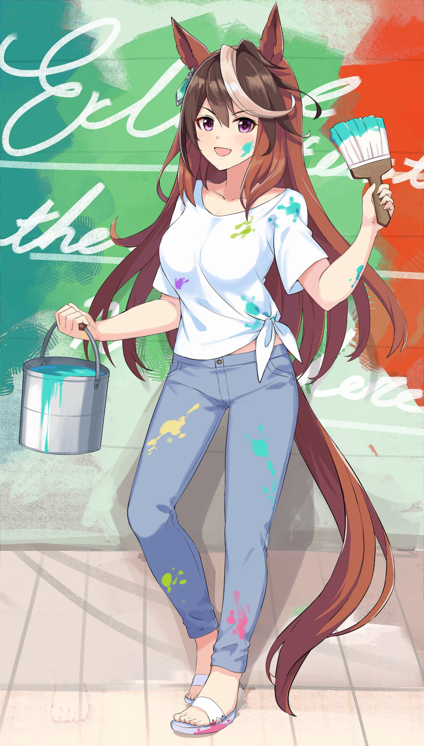 1girl absurdres alternate_costume animal_ears bangs blue_pants blush breasts brown_hair full_body heel_up highres holding holding_paintbrush horse_ears kusanagi_kaoru long_hair looking_at_viewer medium_breasts multicolored_hair open_mouth paint_can paint_on_clothes paint_splatter paint_splatter_on_face paintbrush pants sandals shirt short_sleeves smile solo standing streaked_hair symboli_rudolf_(umamusume) tied_shirt toes umamusume violet_eyes white_shirt