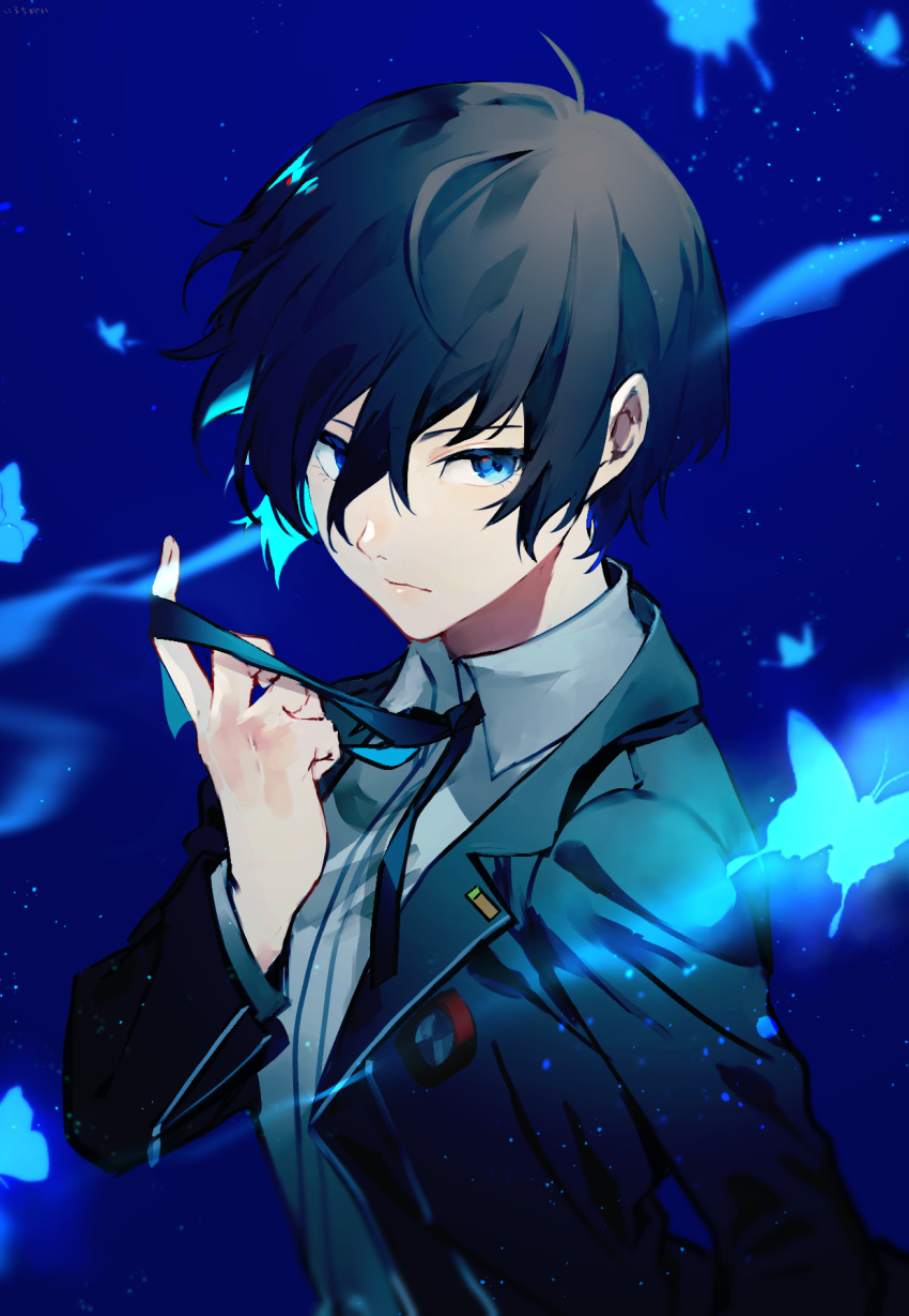 1boy bangs black_hair black_jacket blue_background blue_eyes bug butterfly closed_mouth collared_shirt dress_shirt gekkoukan_high_school_uniform grey_shirt hair_between_eyes highres jacket long_sleeves lor_(roasyerizyonirapi) male_focus open_clothes open_jacket persona persona_3 school_uniform shirt short_hair solo wing_collar yuuki_makoto