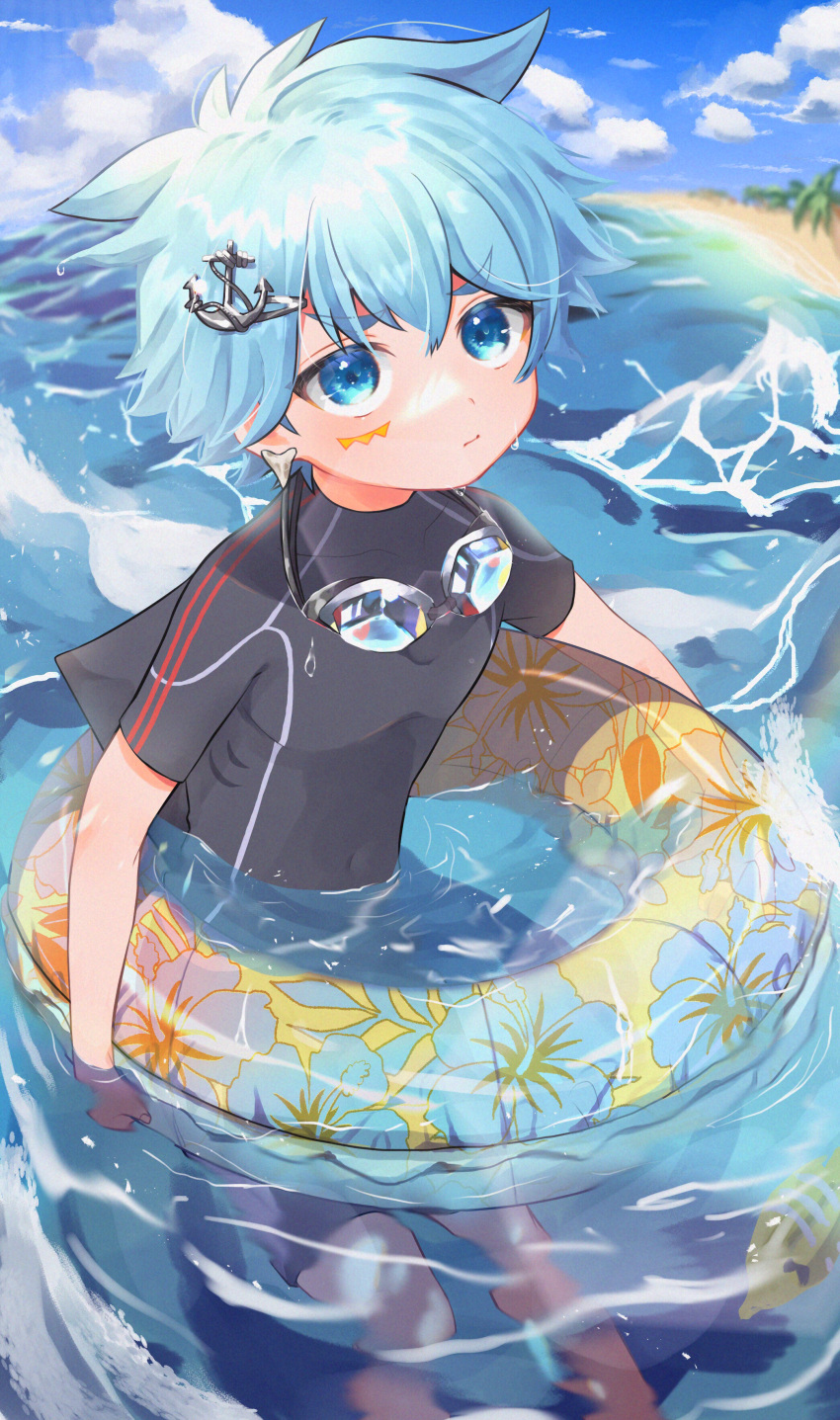 1boy absurdres anchor_hair_ornament blue_eyes blue_hair earrings goggles goggles_around_neck hair_ornament highres jewelry looking_at_viewer male_focus male_swimwear marking_on_cheek ocean original short_hair solo swim_trunks swimsuit umino_uni waves