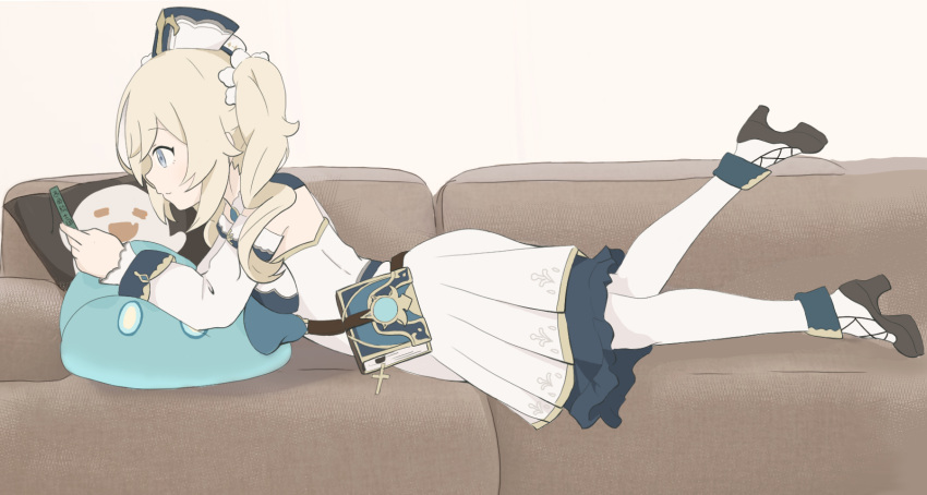 1girl barbara_(genshin_impact) bare_shoulders black_footwear black_headwear blonde_hair blue_eyes closed_mouth commentary_request couch detached_sleeves dress from_side genshin_impact high_heels highres holding long_hair long_sleeves nyaru_(nyaru_4126) on_couch pantyhose pillow pleated_dress profile shoes sleeveless sleeveless_dress slime_(genshin_impact) smile solo twintails white_dress white_legwear white_sleeves