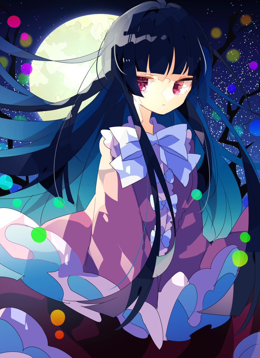 1girl :&lt; bangs black_hair blunt_bangs bow bowtie center_frills commentary cowboy_shot frilled_shirt frilled_sleeves frills full_moon highres hime_cut houraisan_kaguya light_particles long_hair long_sleeves looking_at_viewer moon night night_sky nikorashi-ka one-hour_drawing_challenge pink_shirt red_eyes red_skirt shirt skirt sky solo star_(sky) starry_sky touhou white_bow wide_sleeves