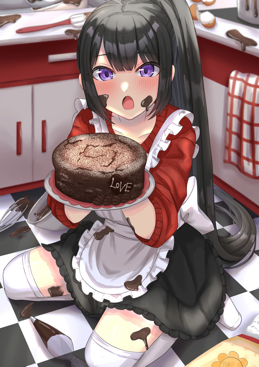 1girl :o absurdres apron back_bow bangs black_hair blush bow bowl cake checkered_floor chocolate chocolate_cake chocolate_on_body chocolate_on_clothes chocolate_on_face egg_(food) flour food food_on_body food_on_clothes food_on_face frills highres holding holding_plate indoors kitchen long_hair looking_at_viewer ma0rock messy on_floor open_mouth original pastry_bag plate ponytail powdered_sugar sitting skirt solo spatula sweater thigh-highs tile_floor tiles very_long_hair violet_eyes wariza whisk