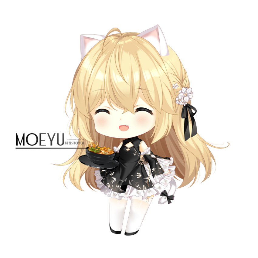 1girl :d ^_^ ahoge animal_ear_fluff animal_ears bangs bare_shoulders black_bow black_dress black_footwear black_ribbon black_sleeves blonde_hair bow bowl breasts cat_ears cat_girl cat_tail chibi china_dress chinese_clothes cleavage_cutout closed_eyes clothing_cutout copyright_request detached_sleeves dress english_text facing_viewer fang flower food frilled_sleeves frills hair_between_eyes hair_flower hair_ornament hair_ribbon holding holding_tray loading_(verjuice) long_hair long_sleeves noodles ribbon shoes simple_background sleeveless sleeveless_dress sleeves_past_wrists small_breasts smile solo standing tail tail_bow tail_ornament thigh-highs tray very_long_hair watermark web_address white_background white_flower white_legwear wide_sleeves