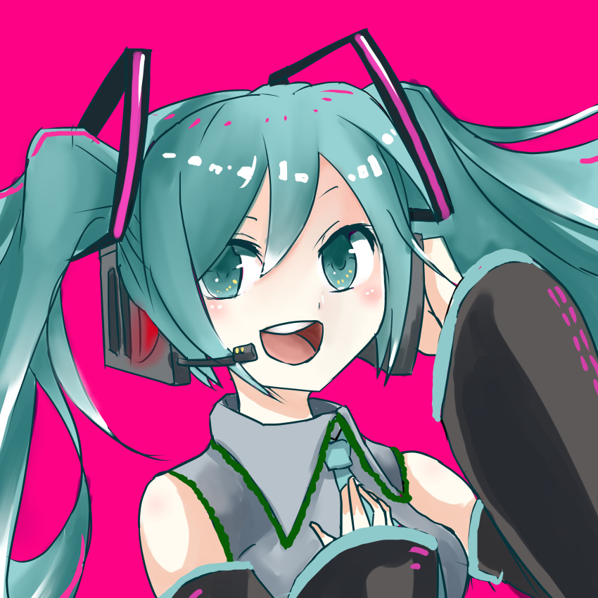1girl :d absurdres bangs black_sleeves blue_eyes blue_hair blue_necktie blush breasts commentary_request detached_sleeves grey_shirt hair_ornament hatsune_miku headset highres jonasan_(bad-t) long_hair looking_at_viewer medium_breasts necktie one-hour_drawing_challenge open_mouth pink_background round_teeth shirt simple_background sleeves_past_wrists smile solo teeth upper_body vocaloid
