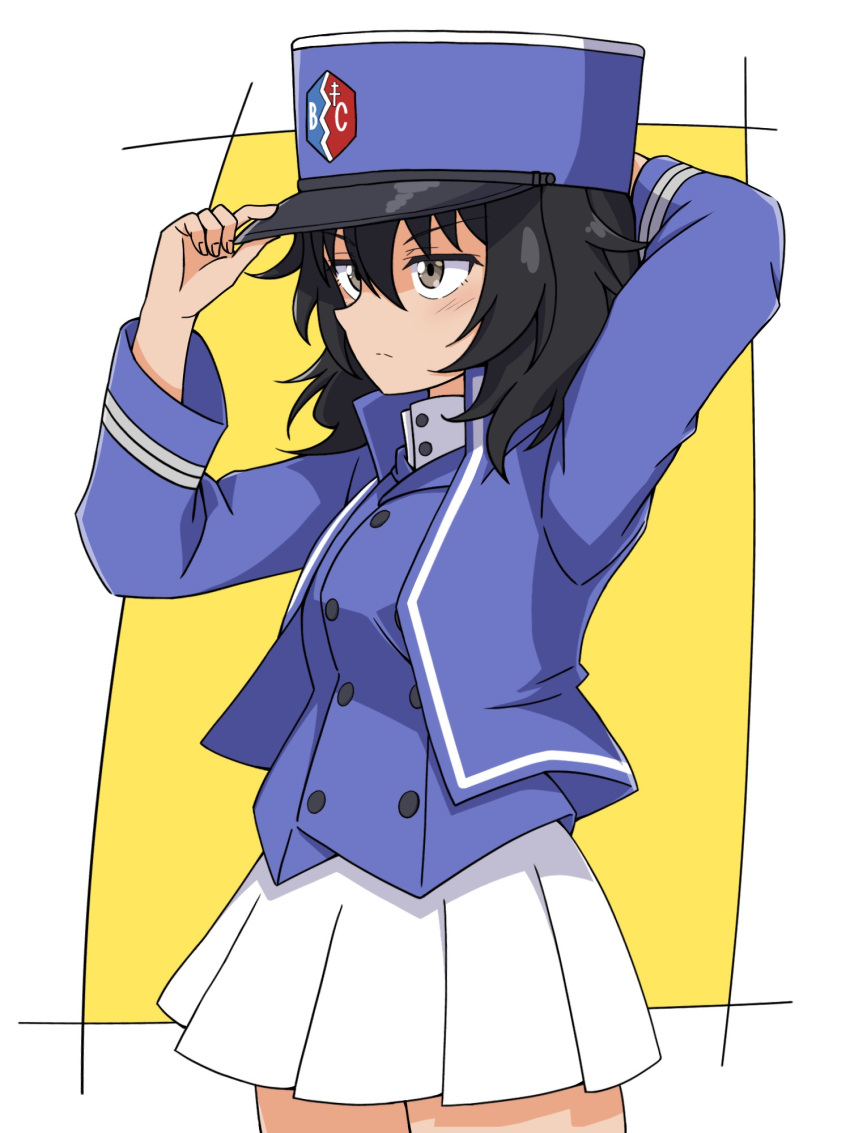 adjusting_clothes adjusting_headwear andou_(girls_und_panzer) bc_freedom_(emblem) bc_freedom_military_uniform black_hair blue_headwear blue_jacket blue_vest brown_eyes cowboy_shot dark-skinned_female dark_skin dress_shirt emblem from_side girls_und_panzer hachiko_(kota091986) hand_on_headwear hat high_collar highres jacket kepi long_sleeves looking_to_the_side medium_hair messy_hair military_hat pleated_skirt shirt skirt vest white_shirt white_skirt