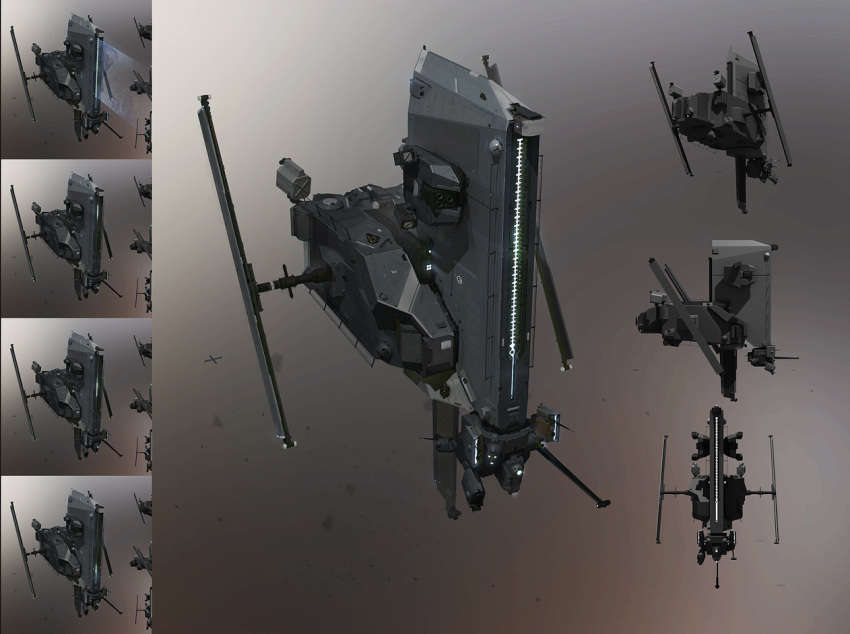 3d caldari_state_(eve_online) commentary drone eve_online glowing machinery military military_vehicle multiple_views no_humans original realistic robot science_fiction sobaku-chiuchiu spacecraft