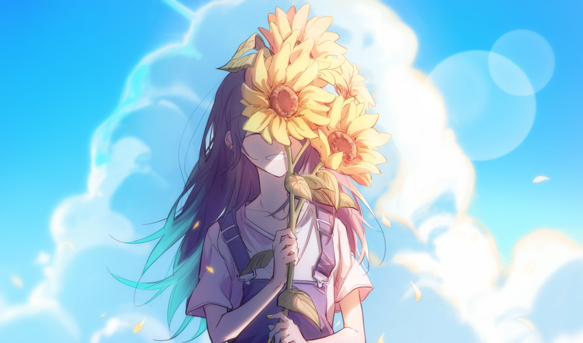 1girl ^_^ absurdres black_hair blue_sky blurry bokeh closed_eyes clouds collarbone contrail covering_one_eye cumulonimbus_cloud day depth_of_field flat_chest floating_hair flower flower_over_eye happy hibioes highres holding holding_flower hoshino_ichika_(project_sekai) leaf long_hair outdoors overalls petals project_sekai shade shirt short_sleeves sidelighting sky smile solo sunflower white_shirt yellow_flower