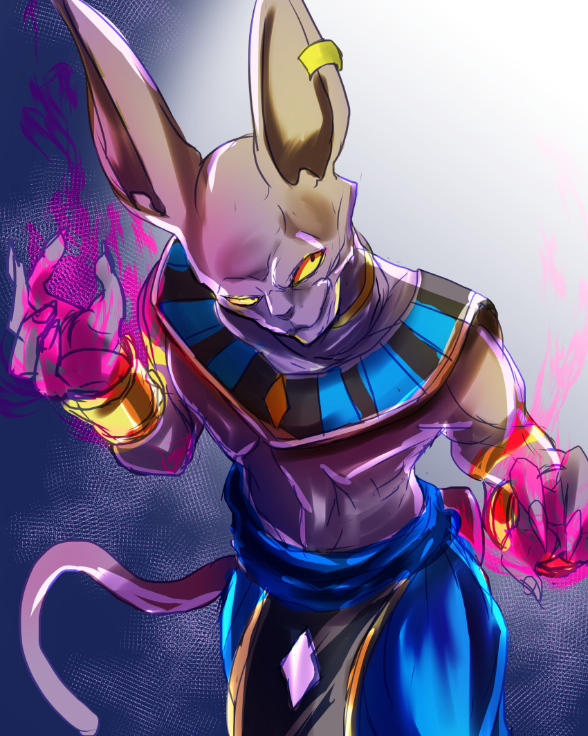 1boy absurdres animal_ears beerus blue_pants cat_boy cat_ears cat_tail closed_mouth colored_sclera commentary_request cowboy_shot dragon_ball_z_kami_to_kami egyptian_clothes furry furry_male highres jonasan_(bad-t) male_focus one-hour_drawing_challenge pants solo tail yellow_sclera