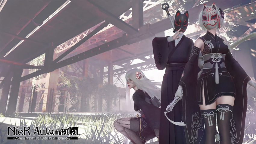 1boy 2girls 3d black_dress breasts closed_mouth clothing_cutout dress gloves hair_ornament hairband japanese_clothes kimono long_hair looking_at_viewer mask multiple_girls nier_(series) nier_automata nier_reincarnation official_art short_hair short_kimono thigh-highs weapon white_hair yorha_no._2_type_b yorha_type_a_no._2 yorha_type_p_no._2