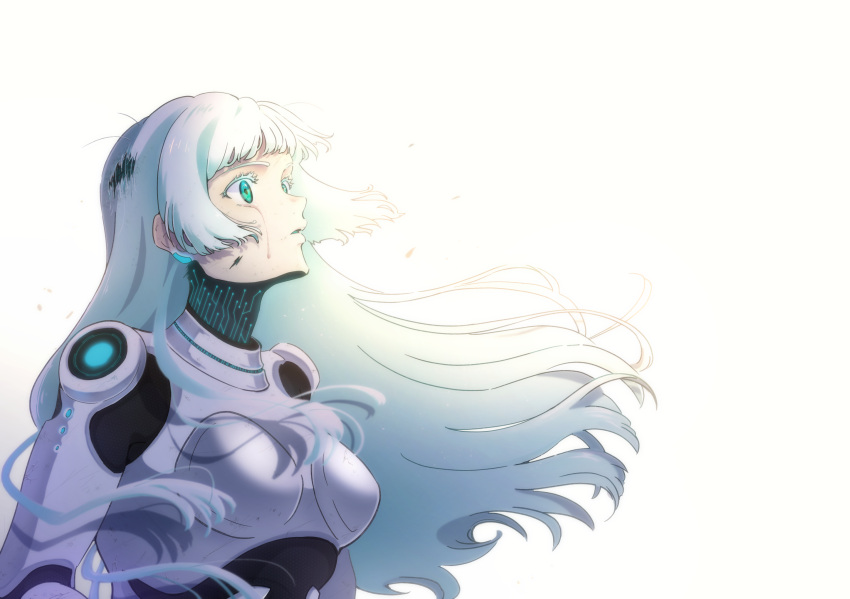 1girl android colored_eyelashes commentary_request crying crying_with_eyes_open damaged green_eyes hama_takenaka highres long_hair original parted_lips solo tears white_background white_hair wind wind_lift