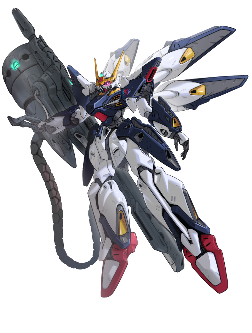 absurdres cable flying gun gundam highres holding holding_gun holding_weapon mechanical_wings mobile_suit no_humans one-eyed open_hand pink_eyes science_fiction sd_gundam sd_gundam_g-generation sd_gundam_g_generation:_monoeye_gundams sisquiede v-fin weapon white_background wing_(wingho) wings