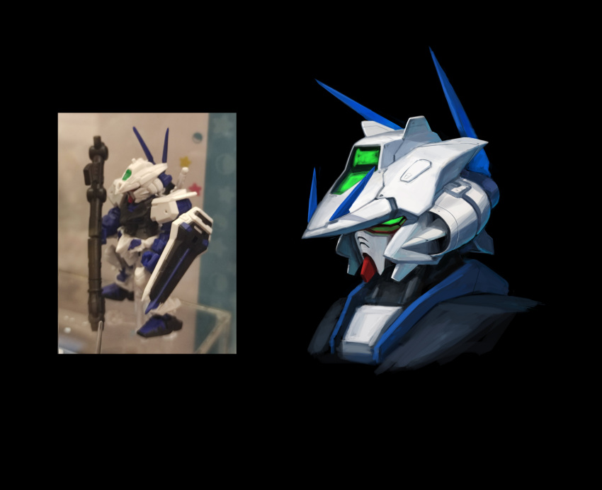 absurdres cwosant english_commentary green_eyes gun gundam gundam_astray_blue_frame gundam_seed gundam_seed_astray highres holding holding_gun holding_shield holding_weapon looking_ahead mecha no_humans photo-referenced photo_inset reference_inset robot science_fiction shield toy weapon