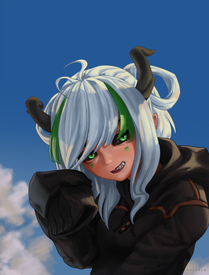 1girl black_sclera blue_background clouds colored_sclera green_eyes hand_up highres horns original ryon-art sharp_teeth sky_background sleeves_past_fingers sleeves_past_wrists teeth white_hair