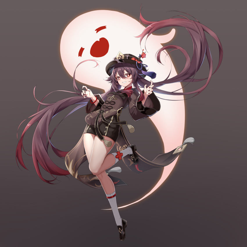 1girl absurdres bangs brown_hair chinese_clothes eyebrows_behind_hair genshin_impact ghost ghost_tail hair_between_eyes hat highres hu_tao_(genshin_impact) leg_up long_hair looking_at_viewer nail_polish pink_hair shixuexiao smile solo twintails very_long_hair