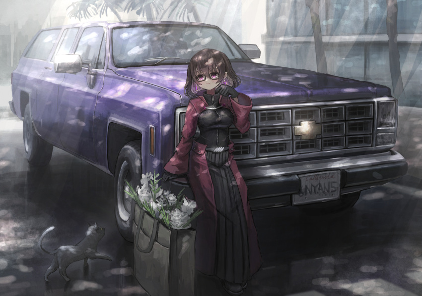 1girl absurdres bag bangs brown_hair car cat chevrolet commission flower flower_request ground_vehicle highres license_plate long_sleeves medium_hair motor_vehicle original outdoors shadow shiyo_tsubame shopping_bag skeb_commission solo sports_utility_vehicle tree vehicle_focus violet_eyes