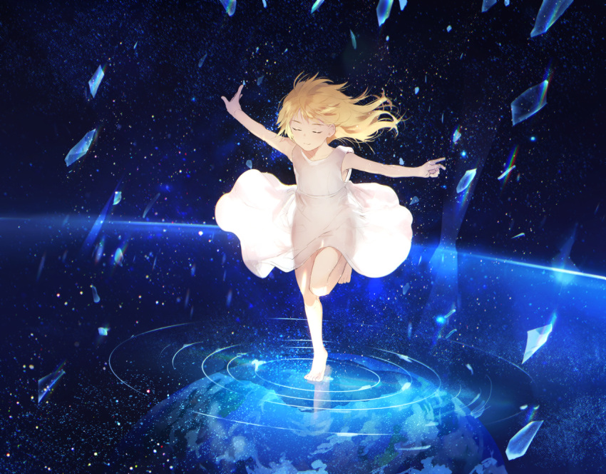 1girl bare_arms barefoot blonde_hair broken_glass child chrono_cross closed_eyes dress earth_(planet) female_child flat_chest full_body glass leg_up medium_hair night night_sky outstretched_arms planet ripples schala_zeal see-through sky solo sunakumo sundress white_dress