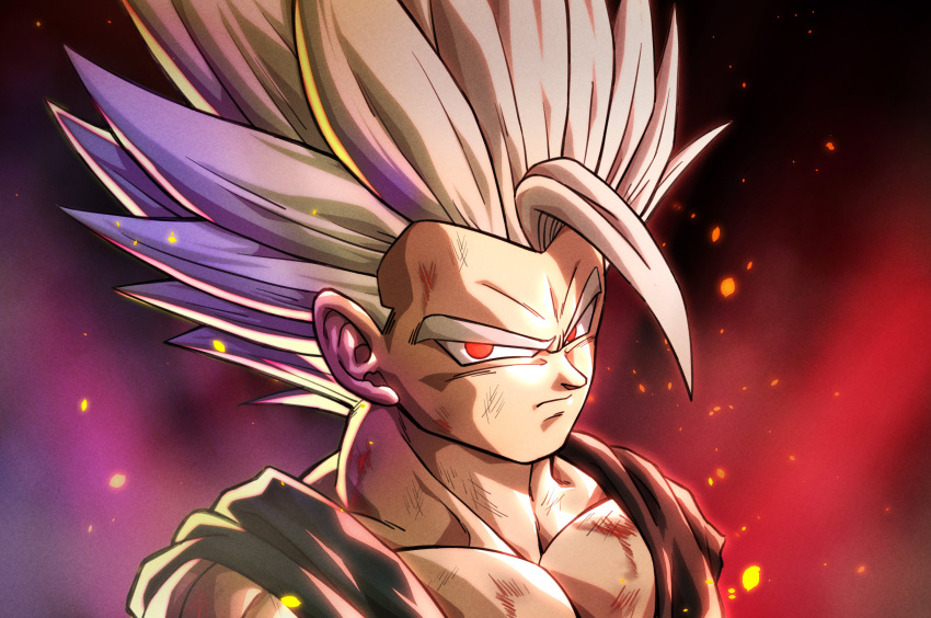 1boy absurdres battle_damage closed_mouth dragon_ball dragon_ball_super dragon_ball_super_super_hero highres looking_at_viewer male_focus pea-bean red_eyes solo son_gohan spiky_hair upper_body white_hair