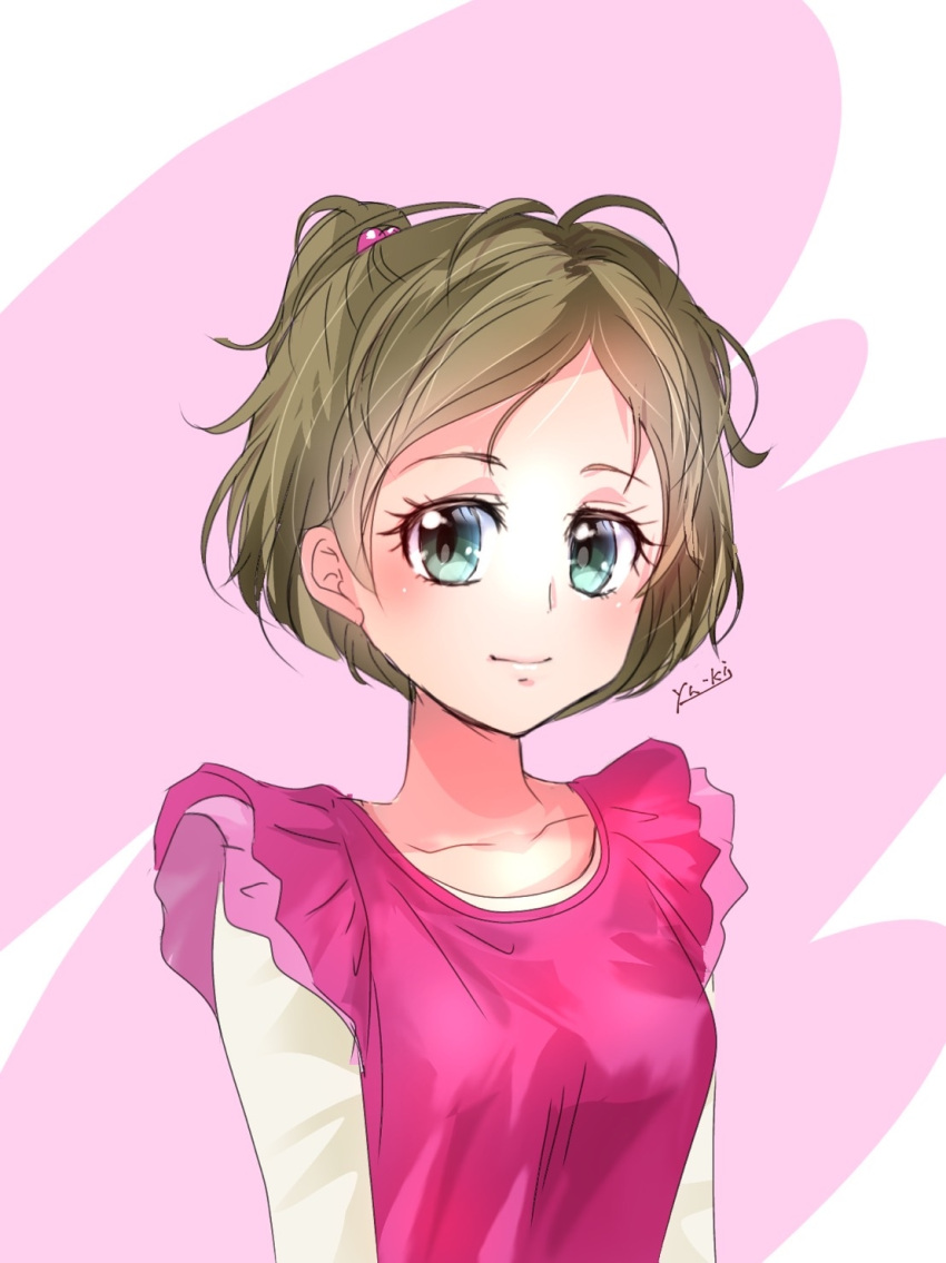 1girl alternate_hair_length alternate_hairstyle brown_hair closed_mouth collarbone grey_eyes hair_bobbles hair_ornament highres looking_at_viewer manekineko5319 minamino_kanade one_side_up pink_shirt precure shirt short_hair sketch smile solo suite_precure upper_body white_shirt