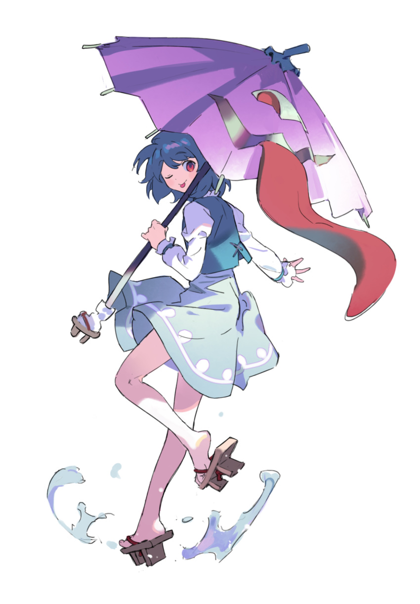 1girl absurdres bangs blue_hair blue_skirt blue_vest full_body geta heterochromia highres holding holding_umbrella iovebly karakasa_obake long_sleeves looking_at_viewer one_eye_closed purple_umbrella red_eyes shirt short_hair simple_background skirt solo tatara_kogasa tongue tongue_out touhou umbrella vest white_background white_shirt