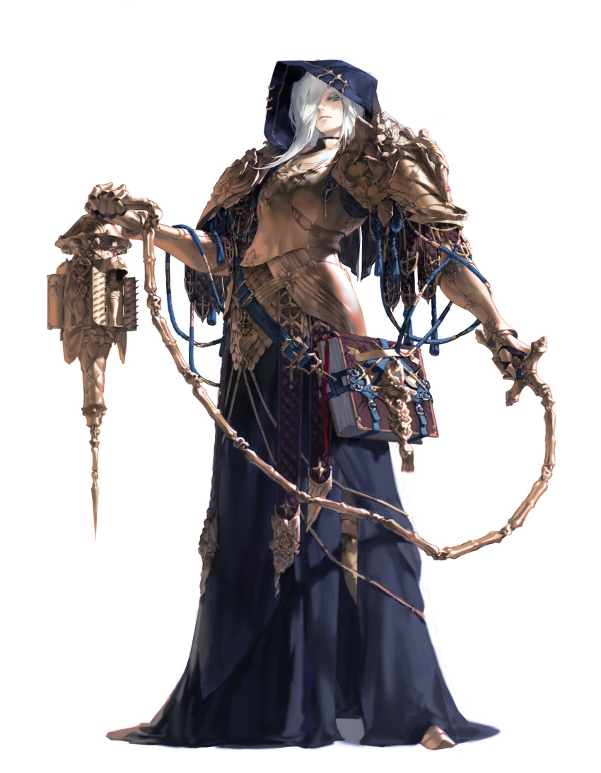 absurdres ball_and_chain_(weapon) blue_skirt book expressionless gold_armor gold_gloves grey_hair hair_over_one_eye highres holding holding_weapon jonburrrr long_hair long_skirt looking_at_viewer metal_gloves original skirt symbol-only_commentary weapon white_background
