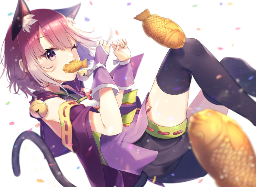 1girl animal_ear_fluff animal_ears bangs bell black_legwear black_shorts blush capelet cat_ears cat_girl cat_tail fang food_in_mouth highres jingle_bell looking_at_viewer one_eye_closed potemaro princess_connect! purple_capelet purple_hair purple_shirt shirt short_hair short_shorts shorts skin_fang sleeveless sleeveless_shirt solo tail tamaki_(princess_connect!) thigh-highs violet_eyes white_background
