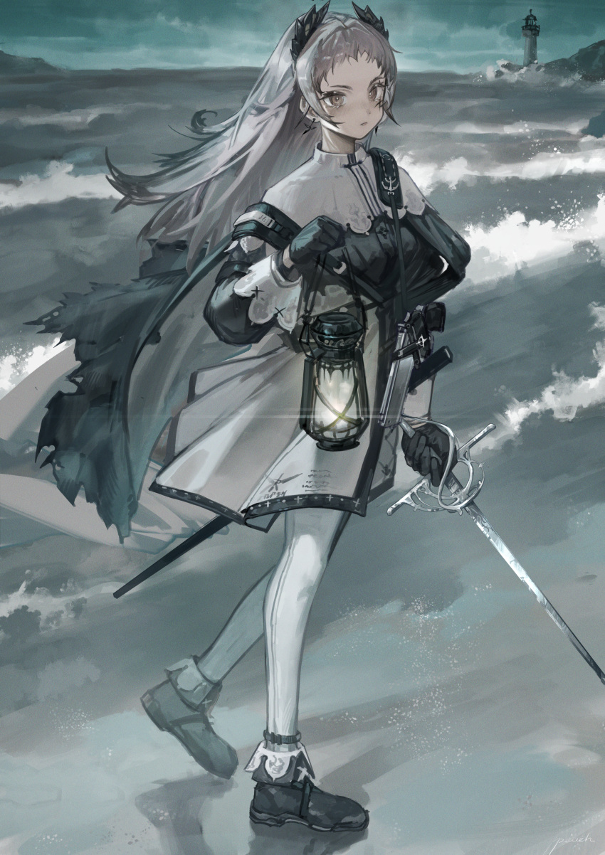 1girl absurdres ankle_boots anklet arknights beach black_cape black_footwear black_gloves black_jacket blush boots breasts brown_eyes cape capelet day earrings full_body gloves grey_hair gun headwear_removed high-waist_skirt highres holding holding_lantern holding_sword holding_weapon irene_(arknights) jacket jewelry lantern lighthouse long_hair looking_at_viewer ocean outdoors pantyhose parted_lips signature skirt small_breasts solo standing sword taozi_(peach21) water weapon white_capelet white_legwear white_skirt