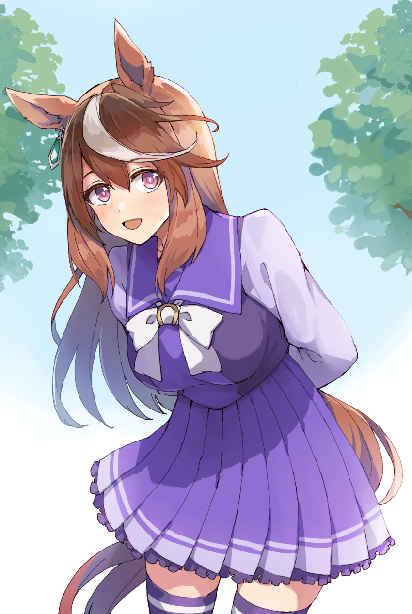 1girl absurdres animal_ears arms_behind_back bangs blush bow bowtie breasts brown_hair cowboy_shot earrings highres horse_ears horse_girl horse_tail jewelry kusanagi_kaoru leaning_forward long_hair long_sleeves looking_at_viewer medium_breasts multicolored_hair open_mouth pleated_skirt purple_legwear purple_shirt purple_skirt sailor_collar school_uniform shirt single_earring skirt smile solo streaked_hair symboli_rudolf_(umamusume) tail thigh-highs tracen_school_uniform tree umamusume violet_eyes white_bow white_bowtie zettai_ryouiki