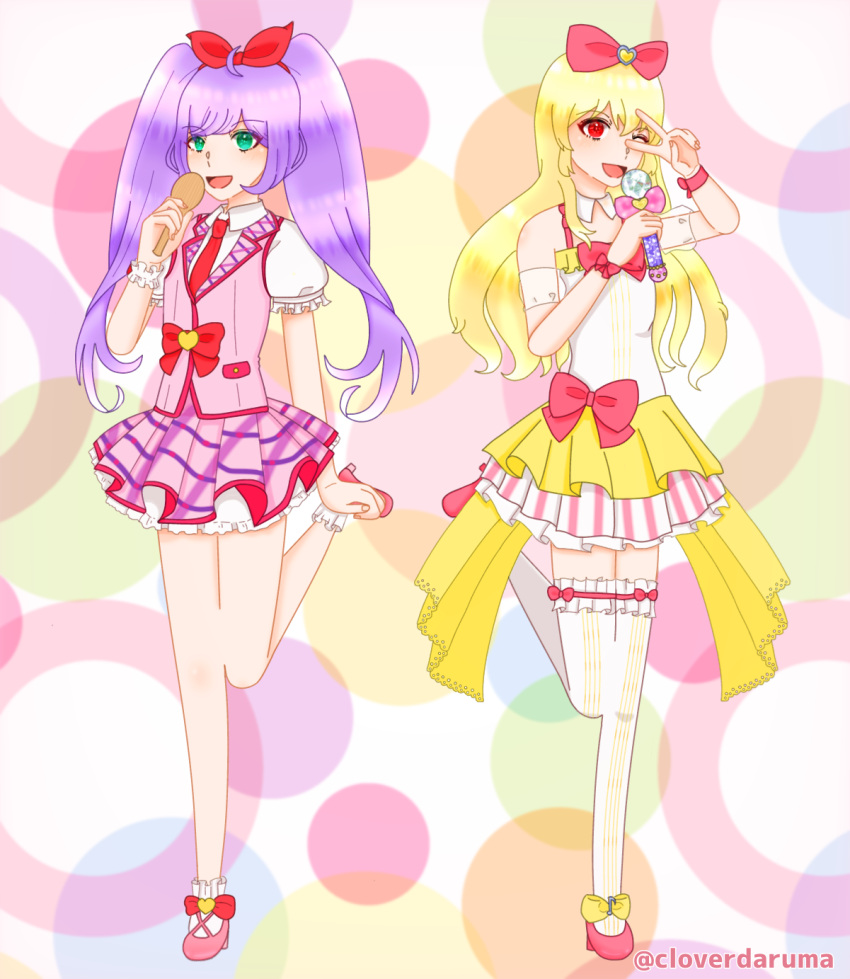 2girls aikatsu! aikatsu!_(series) blonde_hair cosplay costume_change costume_switch crossover green_eyes hairband highres hoshimiya_ichigo idol kashikoma! long_hair manaka_lala microphone multiple_girls pretty_(series) prikatsu! pripara purple_hair red_eyes red_hairband ribbon twintails very_long_hair