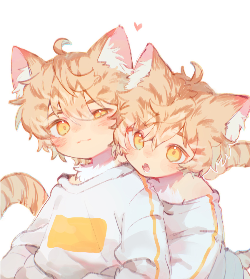 2boys absurdres animal_ears blonde_hair blush brothers cat_boy cat_ears cat_tail fangs heart highres long_sleeves male_focus matching_outfit multiple_boys open_mouth original paki2000 shirt short_hair siblings tail twins white_background white_shirt yellow_eyes
