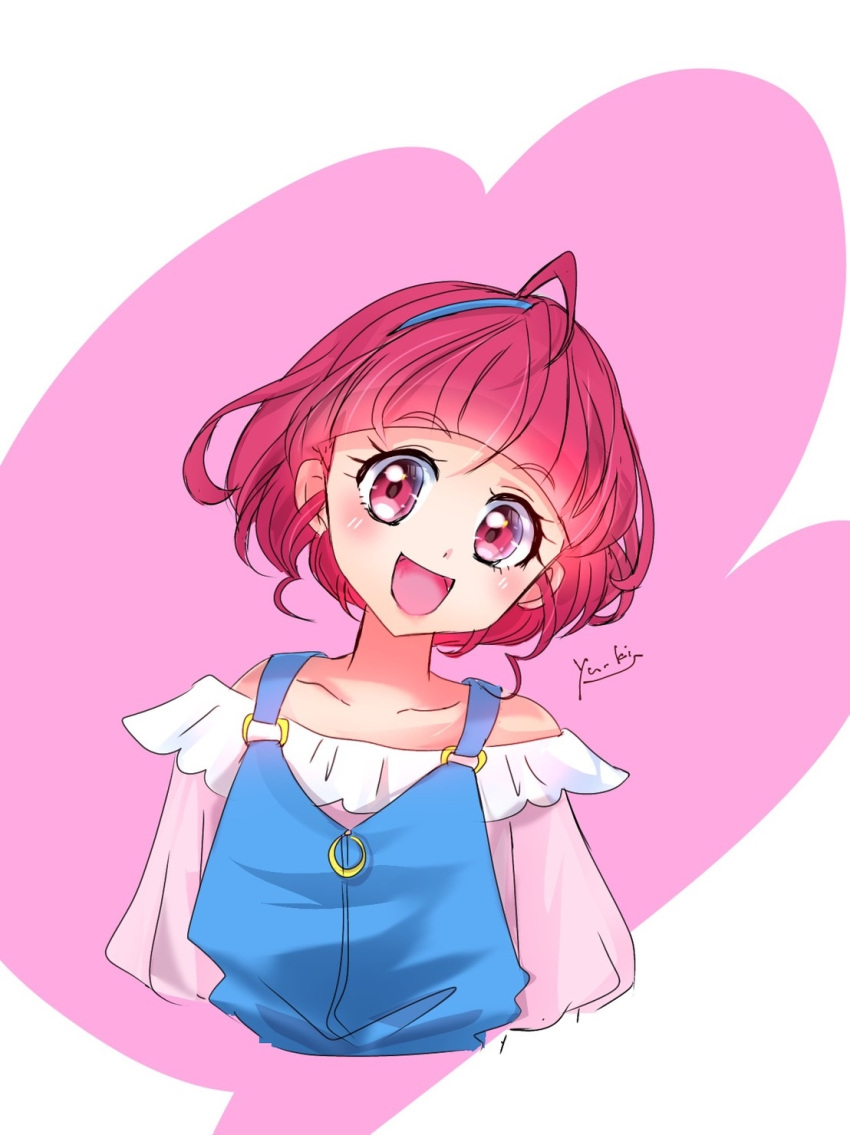 1girl :d ahoge alternate_hair_length alternate_hairstyle blue_hairband blush collarbone cropped_torso hairband highres hoshina_hikaru looking_at_viewer manekineko5319 off-shoulder_shirt off_shoulder overalls pink_shirt precure red_eyes redhead shirt short_hair signature sketch smile solo star_twinkle_precure upper_body